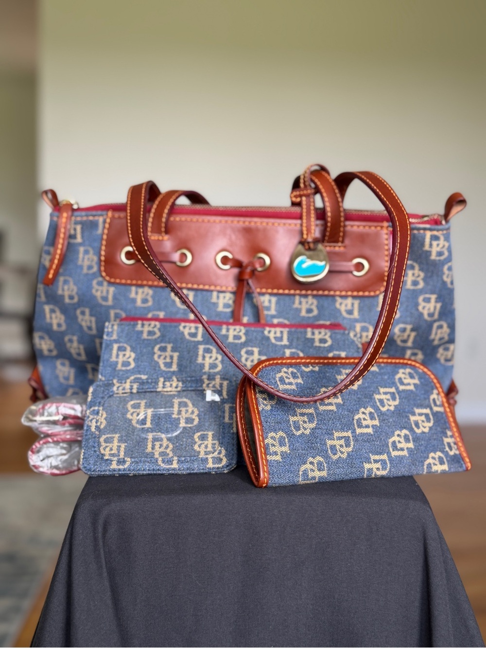 Dooney & Bourke Blue Denim Logo Tote with Brown Leather Trim, wristlet, Etc. Set
